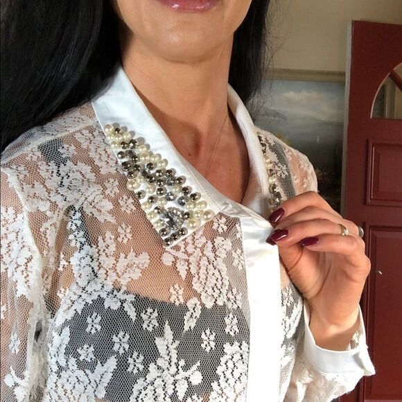 Midnight Velvet lace embellished button down top - Picture 2 of 8